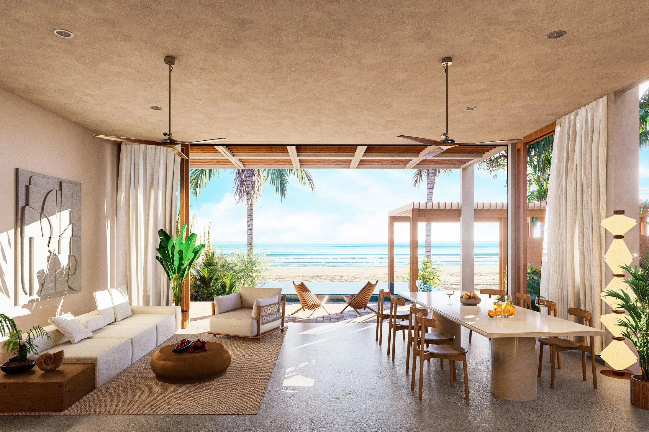 Espacio de planta abierta con textiles artesanales y luz natural