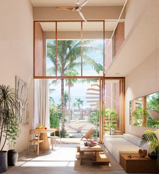 Baño con piedra natural y acabados de madera recuperada