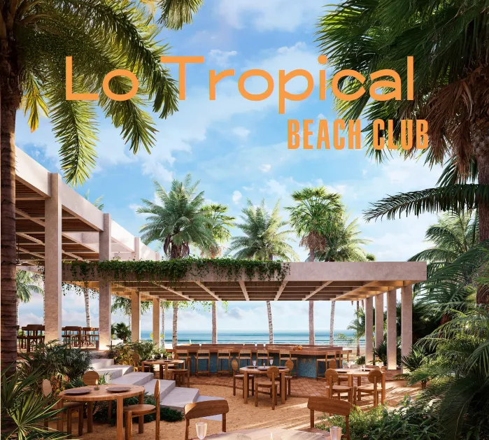 Lo Tropical Beach Club at Costa Paraíso — infinity pool and restaurant overlooking the Pacific